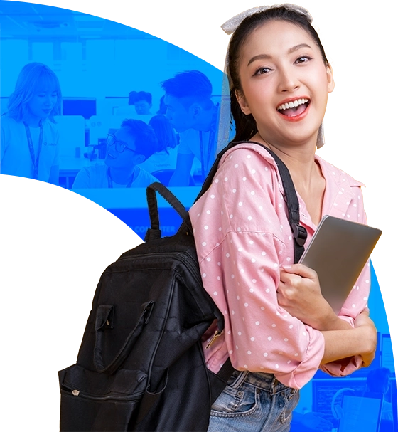 Smiling woman with a laptop and backpack | LARION